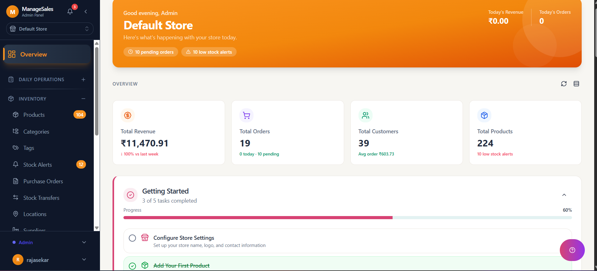 E-Commerce Software — Dashboard screenshot. Live revenue, orders, customers, products, pending tasks, and low-stock alerts at a glance.